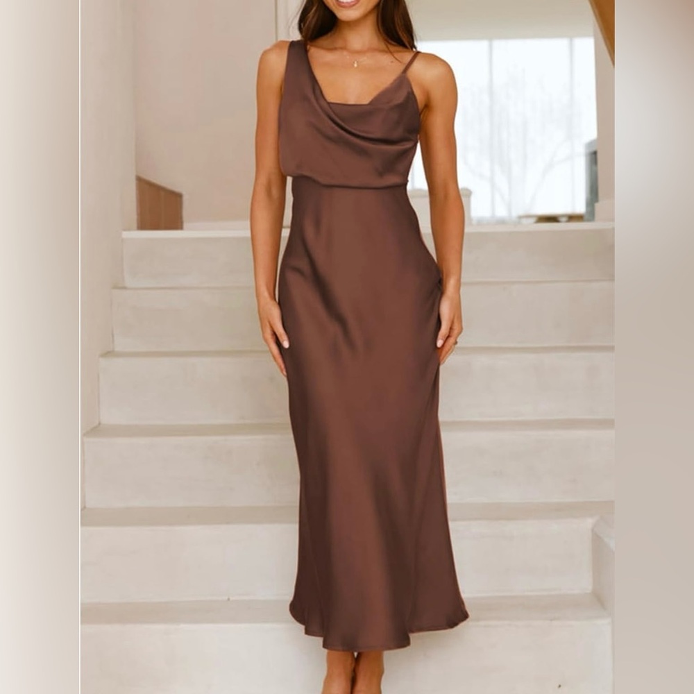 Women’s Brown Satin Spaghetti Strap Backless Midi Dress